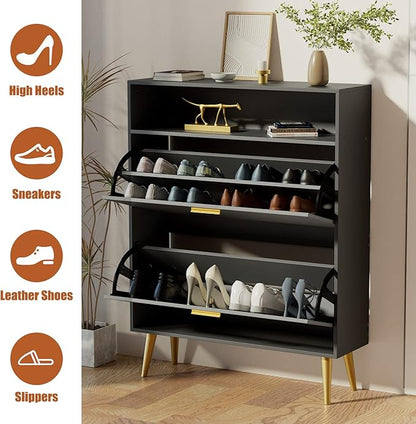 JOZZBY Shoe Cabinet for Entryway, Narrow Shoe Storage Cabinet with 2 Flip Drawers, Freestanding Hidden Shoe Rack Storage with Open Shelves for Hallway, Living Room