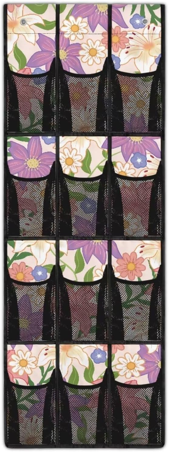 12 Large Mesh Pockets Floral Over the Door Shoe Organizer Sturdy Oxford Fabric Hanging Shoe Rack for Closet Organizers and Storage