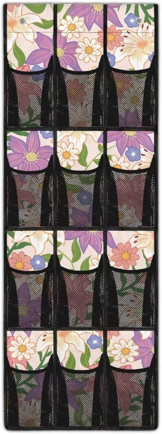 12 Large Mesh Pockets Floral Over the Door Shoe Organizer Sturdy Oxford Fabric Hanging Shoe Rack for Closet Organizers and Storage