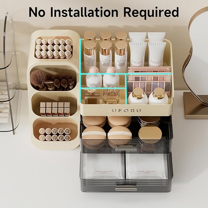 Makeup Organizer for Vanity with Brush Holder, Large Capacity Bathroom Countertop Skincare Organizer with 2 Drawers, Cosmetic Display Case for Perfumes, Eyeshadow Palettes, Nail Polishes
