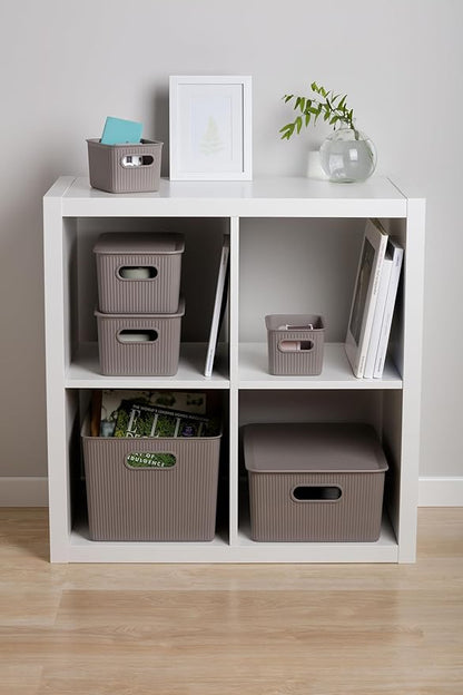 Decorative Plastic Basket Open Home Storage Bins Organizer, Large Taupe (6 Pack) Container Boxes for Organizing Closet Storage Bins for Shelves Drawer Shelf - Ribbed Collection 15 Liter/16 Quart