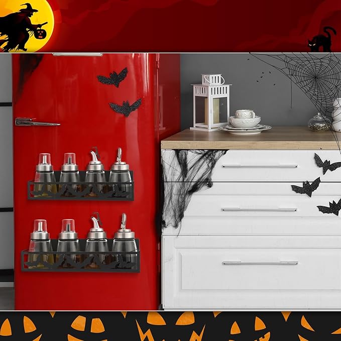 Beeveer 2 Pack Bat Magnetic Spice Rack for Refrigerator Metal Magnet Basket Shelf for Fridge Seasoning Storage Organizers Home Decor Kitchen Accessories (Black)