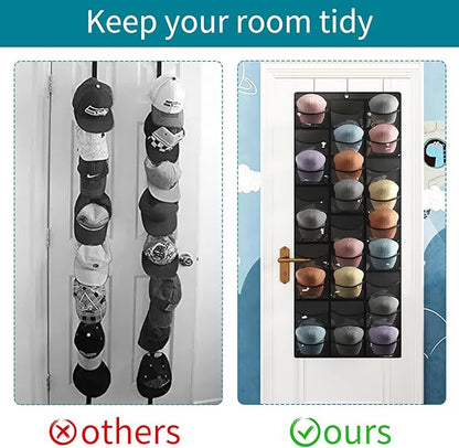 Fixwal Hat Organizer for Baseball Caps, 27 Pocket Over The Door Hat Rack for Storage Closet Wall, Cap Holder Hanger with Large Clear Pockets & 3 Hooks, Hat Storage to Protect and Display, Black