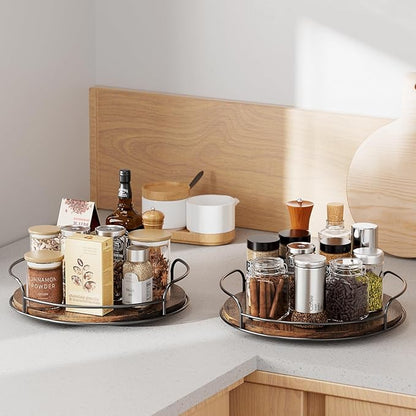 LAMU 2 Pack 10'' 12'' Lazy Susan Turntable Organizer for Table Top Cabinet, Wooden Lazy Susan for Kitchen, Pantry, Countertop, Bathroom Vanity, Spice Organization, Wood Decor