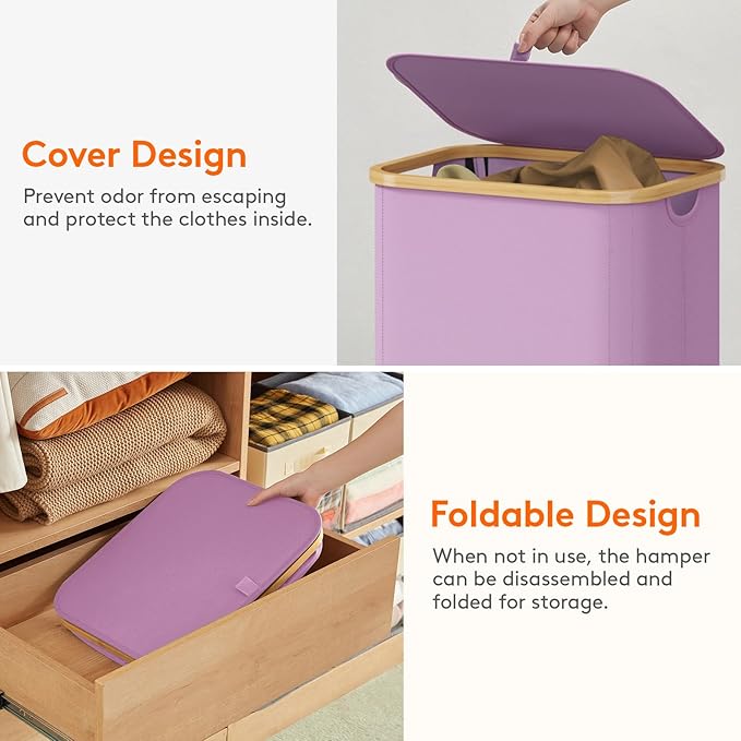 Lifewit 100L Laundry Basket with Lid, Clothes Hampers for Laundry with Bamboo Handles and 1 Removable Bag, Large Foldable Laundry Hamper for Bedroom, Bathroom, Dorm, Laundry Room, Purple
