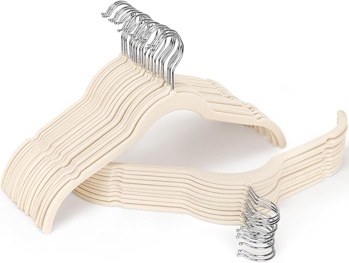 Beige Velvet Hangers 30 Pack, Non-Slip Felt Hangers with Shoulder Notches, Slim Space Saving Clothes Hangers with 360°Swivel Hook for Shirts Heavy Coats Clothes Dresses Closet(Beige)