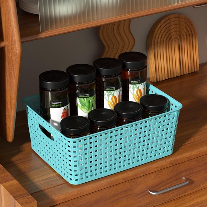 Medium Plastic Woven Storage Basket, Colorful Storage Basket, 4 Packs