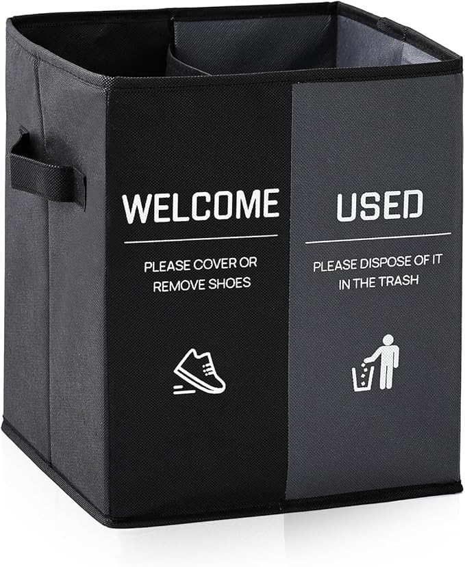 Foldable Shoe Cover Box Dispenser Storage Box Storage Bin Holder with Used Shoe Covers and Welcome Please or Remove Sign for Open House Supplies (Black, Gray)