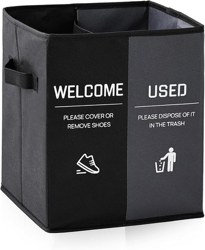 Foldable Shoe Cover Box Dispenser Storage Box Storage Bin Holder with Used Shoe Covers and Welcome Please or Remove Sign for Open House Supplies (Black, Gray)