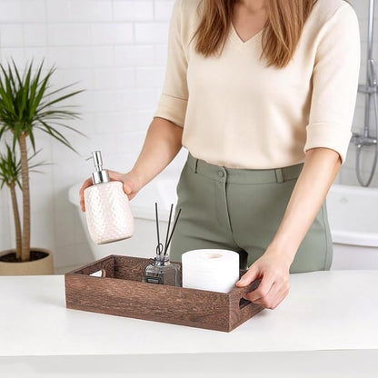 Mkono Bathroom Basket Wood Toilet Paper Storage Basket with Handle for Organizing, Farmhouse Tank Topper Tray, Rustic Home Decor for Shelf, Countertop, Bedroom, Livingroom, Kitchen, Brown