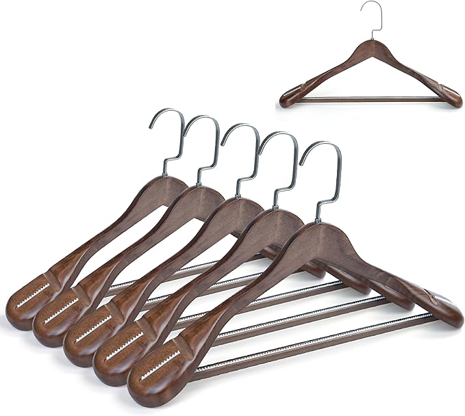 Luxury Wide Shoulder Wooden Coat Hangers with Anti Slip Pants Bar, Solid Wood Thick Jacket Hangers Smooth Finish for Sweater Dress Pants Sport Coats (Dark Brown, 6 Pack)