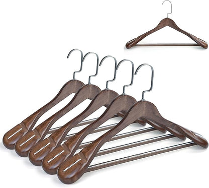 Luxury Wide Shoulder Wooden Coat Hangers with Anti Slip Pants Bar, Solid Wood Thick Jacket Hangers Smooth Finish for Sweater Dress Pants Sport Coats (Dark Brown, 6 Pack)