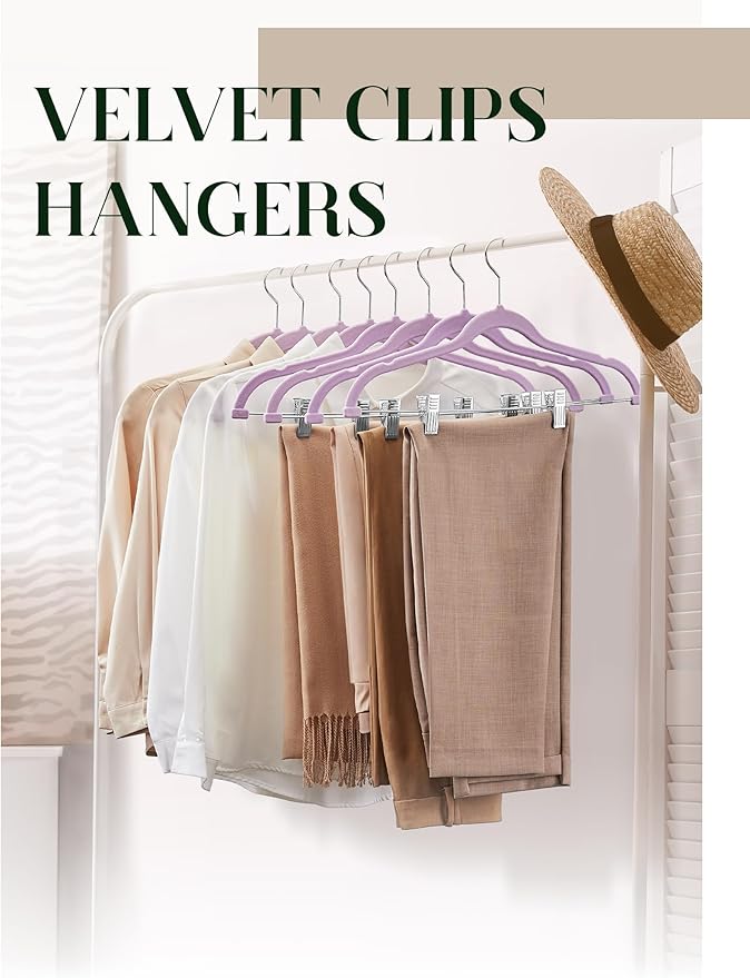 Cozymood Velvet Skirt Hangers 24 Pack, Purple Hangers with Clips Ultra Thin Non Slip Pants Hanger Space Saving Clothes Hanger with Clips for Pants, Skirts, Jeans, Shorts