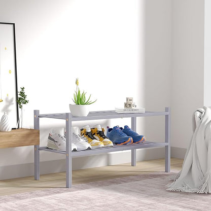 ROMGUAR CRAFT 2 Tier Bamboo Shoe Rack for Closet Free Standing Wood Shoe Shelf for Entryway Small Space Stackable 27"x11"x13" (Grey)