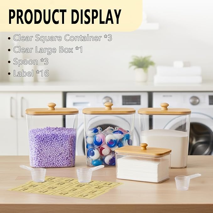 TeSabMi Laundry Storage Containers - Large Detergent Powder Storage with Wooden Lids & Labels, Laundry Pods Holder for Scent Booster, Powder & Pods, Laundry Room Organization 3+1 Pack