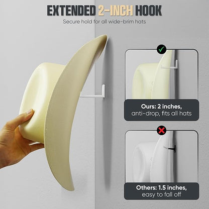 Modern JP Adhesive Hat Hooks for Wall (12-Pack) - Cowboy Hat Rack, Wide Brim Hat Organizer, Strong Hold Hat Hangers for Wall - White