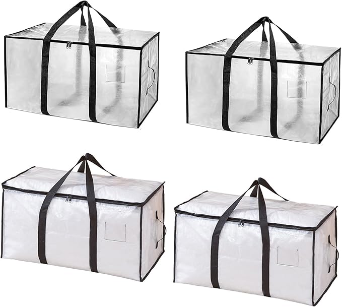 4-Packs Extra Large Heavy Duty Moving Bags, Waterproof Storage Totes with Handles & Zippers Storage Bags Totes for Clothes Packing, Dorms, College Supplies, Space Saving, Clear
