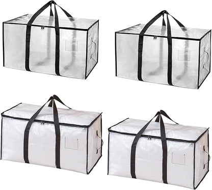 4-Packs Extra Large Heavy Duty Moving Bags, Waterproof Storage Totes with Handles & Zippers Storage Bags Totes for Clothes Packing, Dorms, College Supplies, Space Saving, Clear