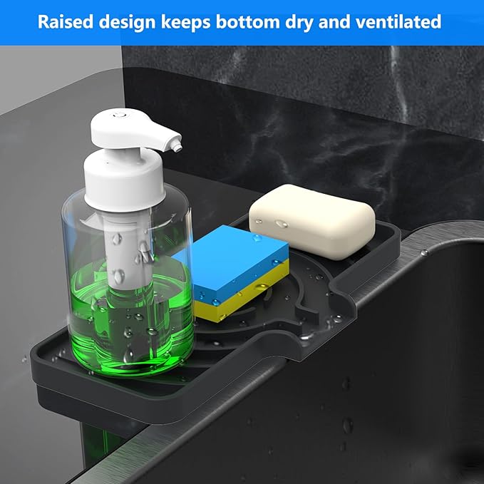 Sponge Holder for Kitchen Sink, Dish Sponge Holder & Soap Tray with Drain, Bathroom Sink Sponge Drying Rack & Perfect Organizer for Dispenser,Bottle,Cup on Sinks or Counter (10"x 4"Black)