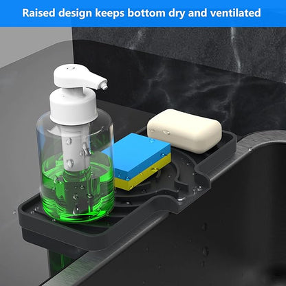 Sponge Holder for Kitchen Sink, Dish Sponge Holder & Soap Tray with Drain, Bathroom Sink Sponge Drying Rack & Perfect Organizer for Dispenser,Bottle,Cup on Sinks or Counter (10"x 4"Black)