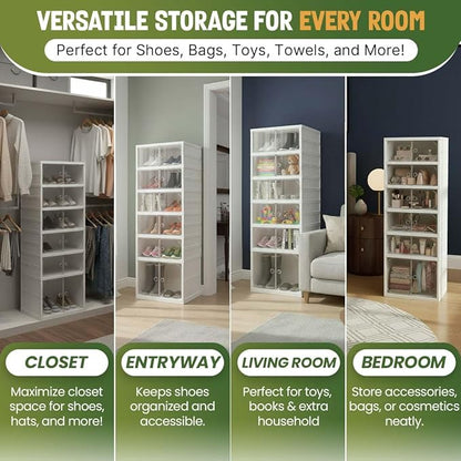 Foldable 6-Tier Shoe Rack Organizer, Large Clear Shoe Storage Cabinet with Magnetic Doors, Heavy Duty Slim Vertical Shoes Rack for Bedroom, Entryway or Garage - White (Holds 12 Pairs)