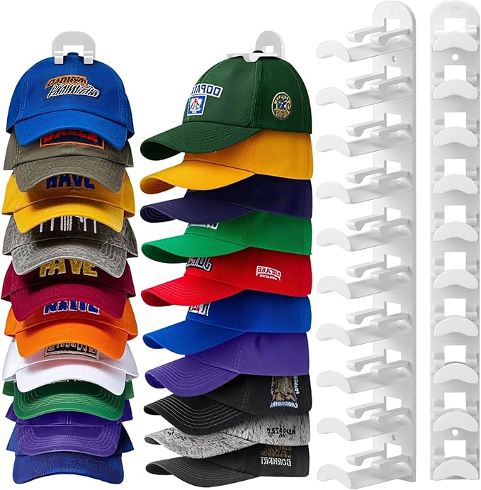 Hat Hook for Wall, 2 Pack Hat Organizer Hold up to 20 Hats,Hat Holder with Strong Adhesive and 8 Pack Screws, Cap Holder Hat Hangers for Wall Closet Door and Bedroom(B-white)