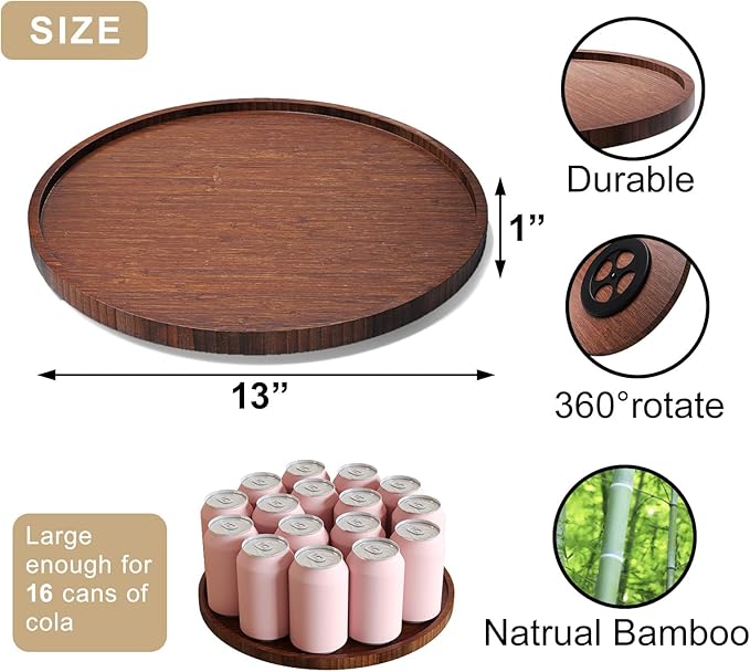 VERTORGAN Lazy Susan Organizer for Kitchen,Bamboo Turntable for Cabinet,Pantry,Vanity,Large（Brown）