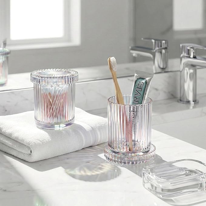 2 Pack Qtip Holder - Apothecary Jars with Lids, Bathroom Organizers and Storage Canister for Cotton Balls,Swabs,Floss Picks,Hair Ties,Clear Glass Vintage Bathroom Decor Jar Set (Iridescent)