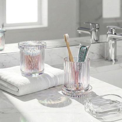 2 Pack Qtip Holder - Apothecary Jars with Lids, Bathroom Organizers and Storage Canister for Cotton Balls,Swabs,Floss Picks,Hair Ties,Clear Glass Vintage Bathroom Decor Jar Set (Iridescent)