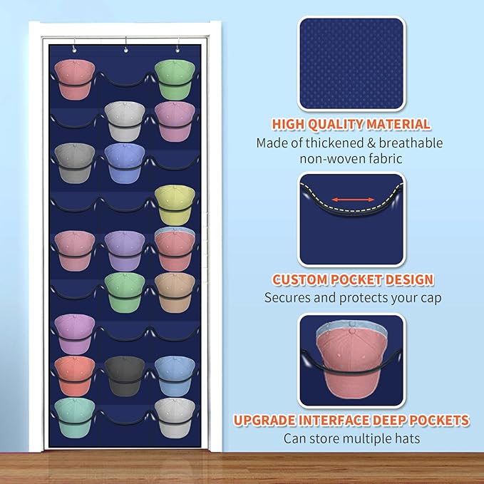 Hat Rack for Baseball Caps, 27 Pockets Over The Door Baseball Hat Organizer, Hat Storage for Closet Wall Mount Bag With Large Pockets & 3 Hooks, Hat Holder Hanger Organization to Display Caps