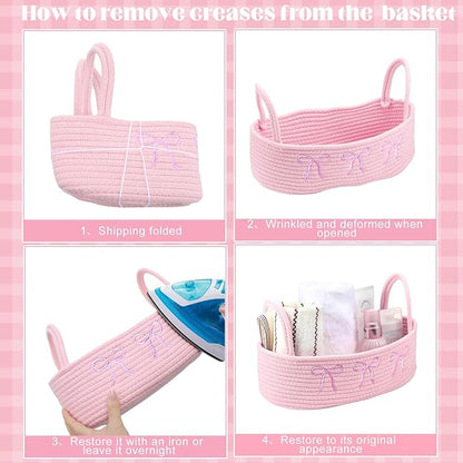 Vesici Pink Bow Woven Storage Basket for Toilet Tank Top Boho Cotton Rope Bathroom Countertop Organizer Basket with Handle Pink Bathroom Decor for Bedroom Nursery Toys Organizing, 13 x 6 x 4 Inch