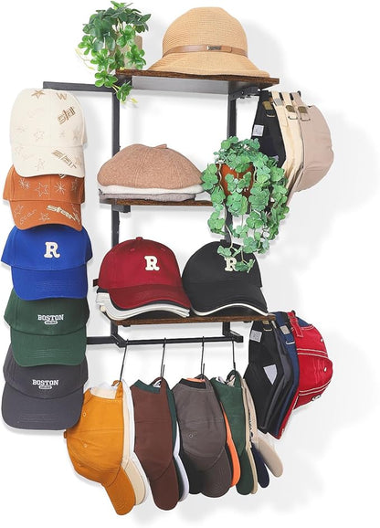 Keebofly Hat Rack for Wall with Shelf for Handbags, Purse,Bennies, Perfumes & Cosmetics Display, Hat Holder Storage for 100+ Caps, Baseball Cap Organizer & Beanie Holder for Closet, Entryway, Bedroom