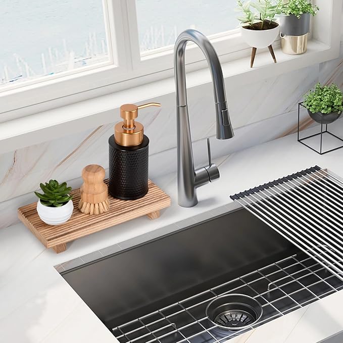 Bathroom Tray Farmhouse Decor Pedestal Stand Wood Riser Display Kitchen Accessories Soap Holder for Sink, Counter, Vanity,10 * 4.5 Brown