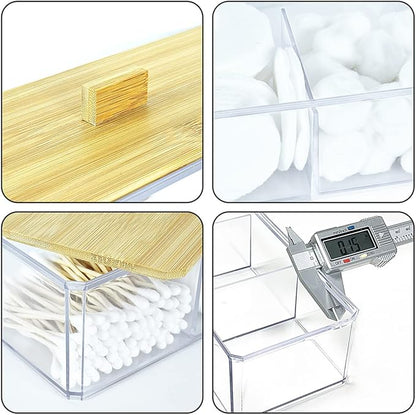 Acrylic Qtip Dispenser with Wood Lid - 3 Compartment Bathroom Organizer for Q Tip, Cotton Swab and Cotton Pad Holder, Vanity Storage Organization for Countertop and Drawer