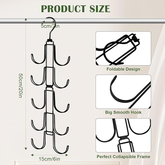 Hat Organizer for Closet, Rotatable Metal Caps Rack with 10 Large Hooks for Display, Holds Up to 40 Baseball Caps, Collapsible Hat Hanger for Closet, Dorm Room Organizers and Storage, Black
