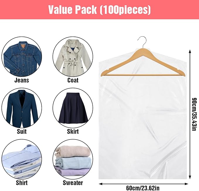 100pcs Plastic Garment Bag dry cleaning bag (35.4 x 23.6 In) clear plastic garment covers for Home Storage, Travel, Moving clear garments bags for hanging clothes,Dresses,Skirt