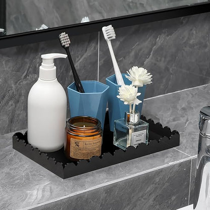 2 Pack Acrylic Bathroom Vanity Tray 7.9" and 9.6", Soap Dispenser Decorative Scalloped Tray for Bathroom Kitchen Living Room Decor Vanity Perfume, Black