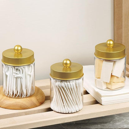 Amolliar Qtip Holder Dispenser -8oz Plastic Apothecary Jar Containers for Vanity Makeup Countertop Organizer Storage -Bathroom Canister Accessories Set for Cotton Swab, Ball, Pads, Floss-Gold (2)