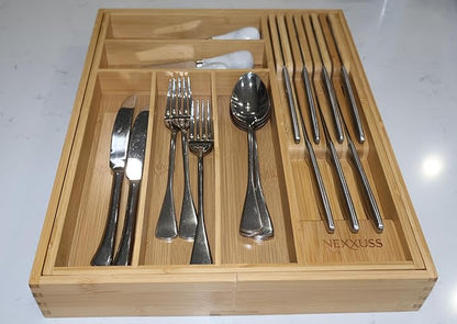 Nexxuss Bamboo Kitchen Drawer Organizer, Expandable Utensil Organizer with Removable Knife Block, Cutlery Tray Holder with Divider, Adjustable Silverware Organizer, Wood Tableware Dividers Storage