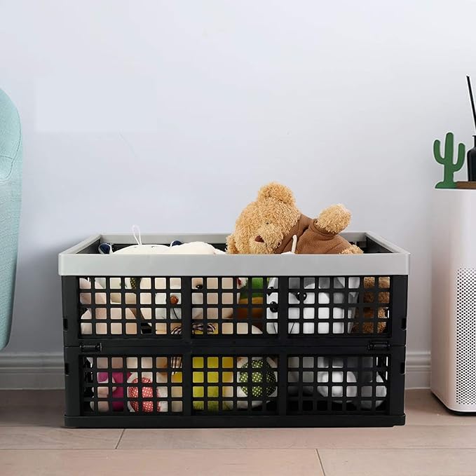 Vababa 42 L Plastic Stackable Collapsible Storage Crate, 3-Pack Stacking Folding Storage Basket