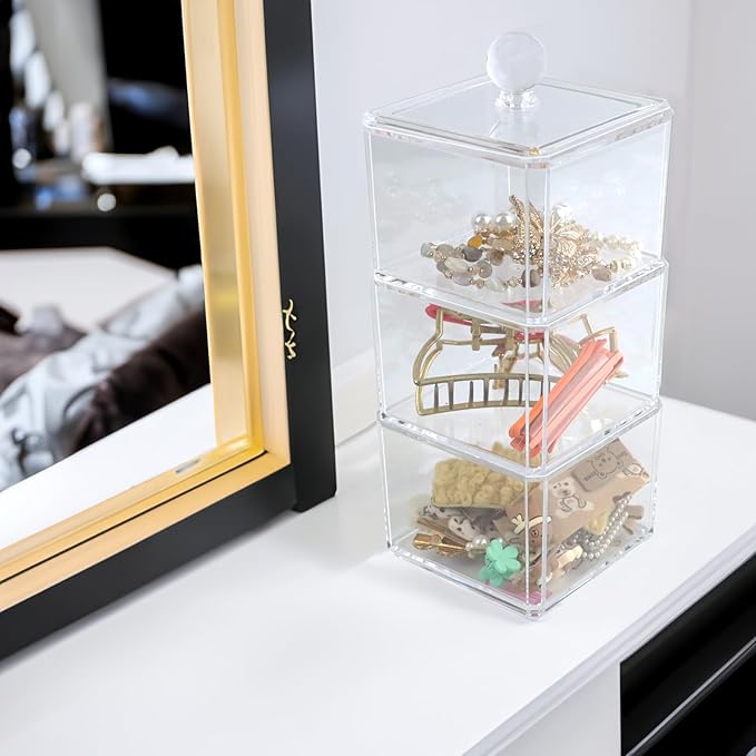 Clear Bathroom Dresser Organizer 3 Compartment with 1 Lid, Transparent Hair Accessories Organizer, Cotton Ball and Swab Holder, Small Plastic Storage Containers Vanity Makeup Organization (Clear Lid)