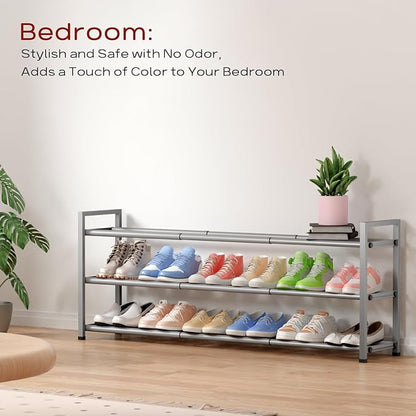Bumusty 3-Tier Long Expandable Shoe Rack for Closet, 18"-44" Adjustable Shoe Rack for Entryway, 15-18 Pairs Large Shoe Organizer Shelf Storage, Sturdy Metal, Light Grey