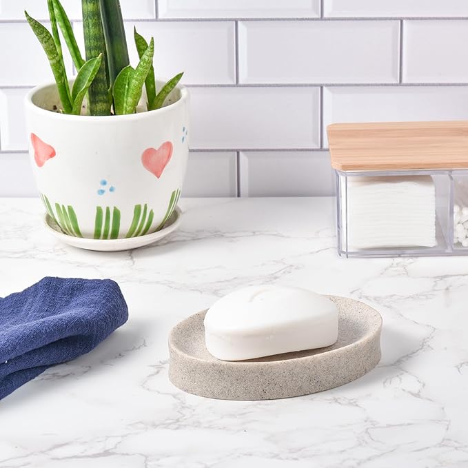 IMEEA Oval Resin Soap Dish for Bathroom Sink Stone-Look Soap Tray Holder for Bar Soap, Sponge or Shampoo Bar (Beige)