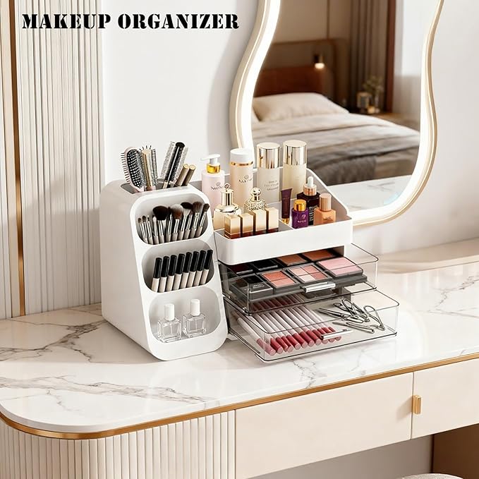 Makeup Organizer with Brush Holder for Vanity, Spacious Cosmetic Display Case with 2 Drawers, The Perfect Bathroom Vanity Organizer for Beauty Essentials, Skincare, Lipsticks