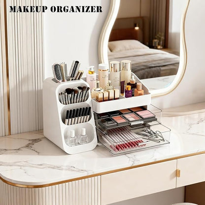 Makeup Organizer with Brush Holder for Vanity, Spacious Cosmetic Display Case with 2 Drawers, The Perfect Bathroom Vanity Organizer for Beauty Essentials, Skincare, Lipsticks