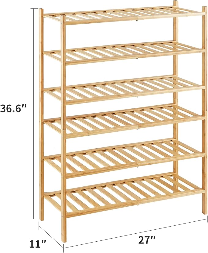 6-Tier Bamboo Shoe Rack for Entryway, Stackable | Heavy Duty | Multi-Function, Free Standing Shoe Racks for Bedroom Hallway Closet