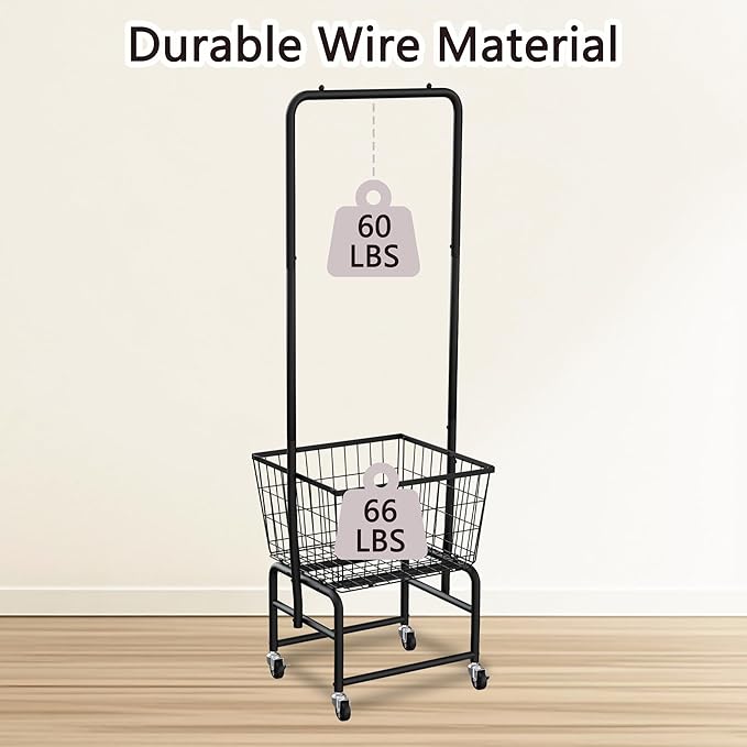 Rolling Laundry Cart with Wheels, Laundry Hamper Basket Organizer with Clothes Hanging Rack, Wire Storage Cloth Shelf Butler, Black