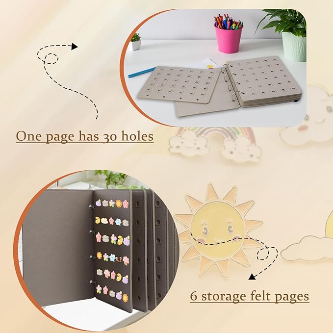 Shoe Charms Organizer, Hanging Shoe Charm Display Holder with 180 Holes 6 Enameled Pin Pages and 2 Front and Back Pages DIY Wall Mounted Portable Shoe Decor Charms Display Stand (Grey)