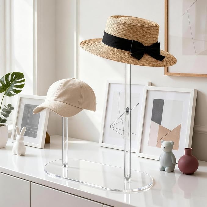 Hat Display Stand with Clear Acrylic Dual-Rod Dome Support, 2-Tier Desktop Holder for Baseball Caps, Cowboy Hats & Wigs, Modern Organizer for Bedroom, Closet or Retail Use
