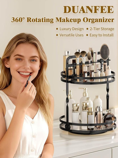 Rotating Makeup Vanity Organizer, 360 Spinning Perfume Organizer for Dresser, 2 Tier Bathroom Countertop Organizer, Black Lazy Susan Skincare Storage, Cosmetic Display Case with Brush Holder